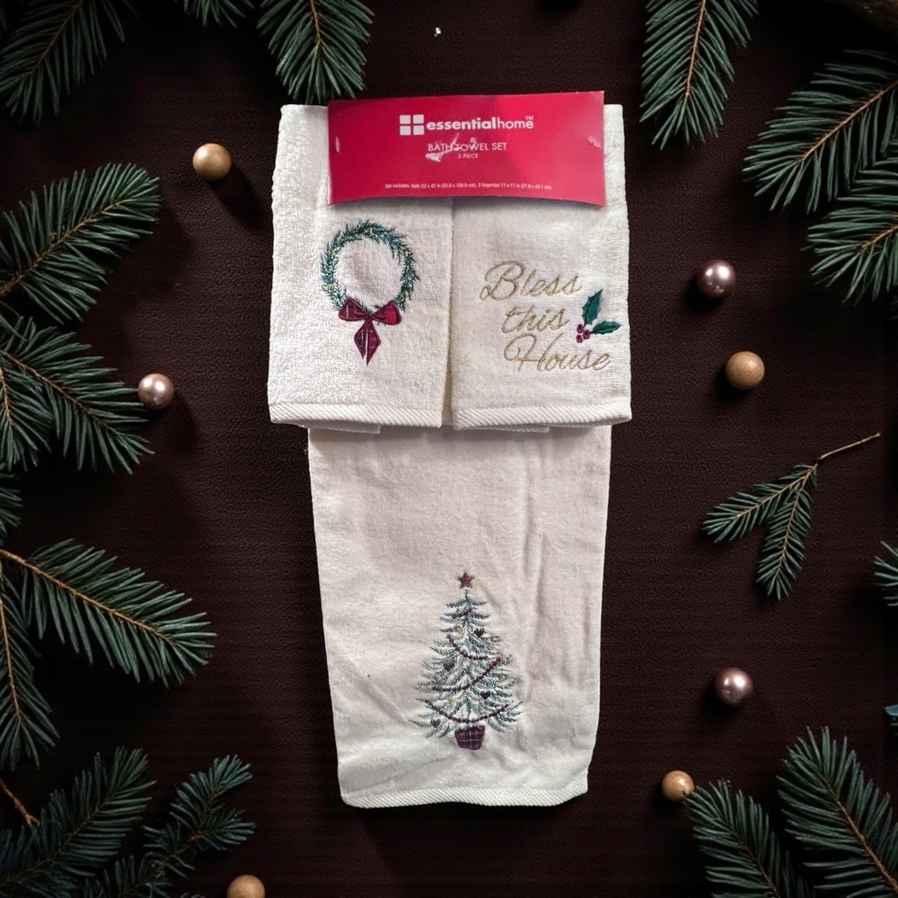 Essential Home Kmart Christmas Bath Towel 3 pc Set "Bless This House" NWT